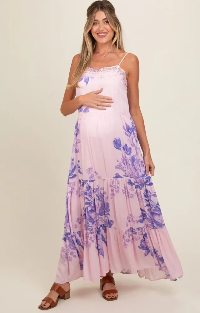 Light Pink Floral Lace Loose Fit Maternity Maxi Dress