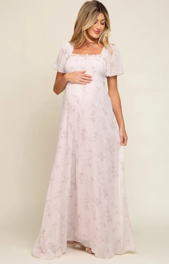 Light Pink Floral Smocked Chiffon Maternity Dress