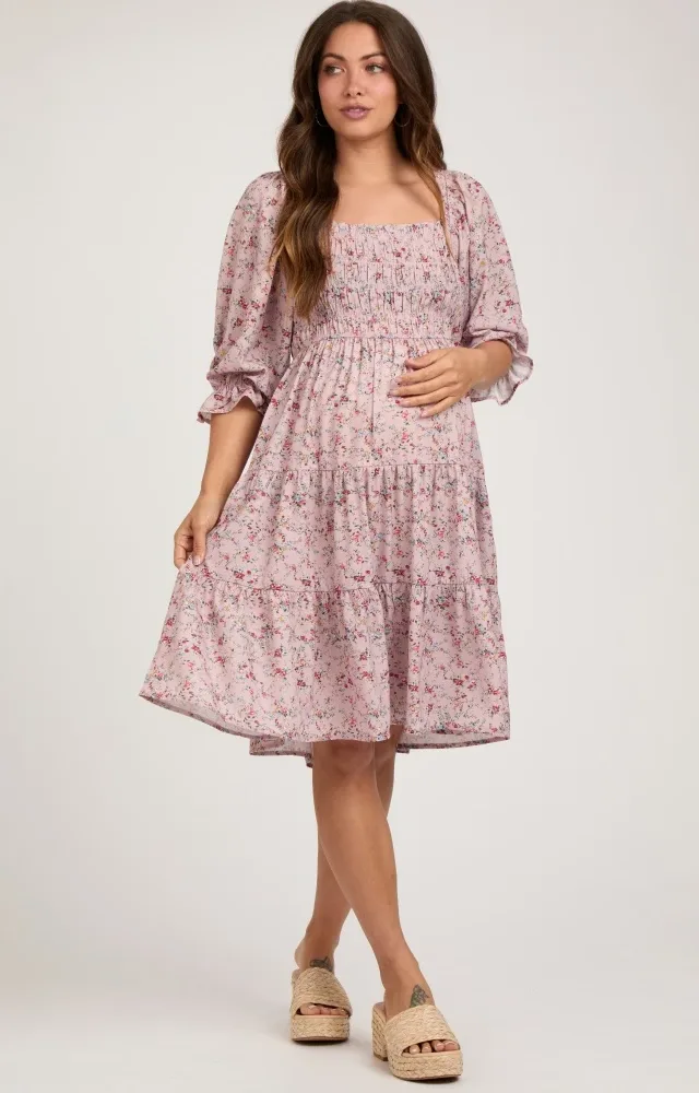 Light Pink Floral Smocked Maternity Knee Length Dress