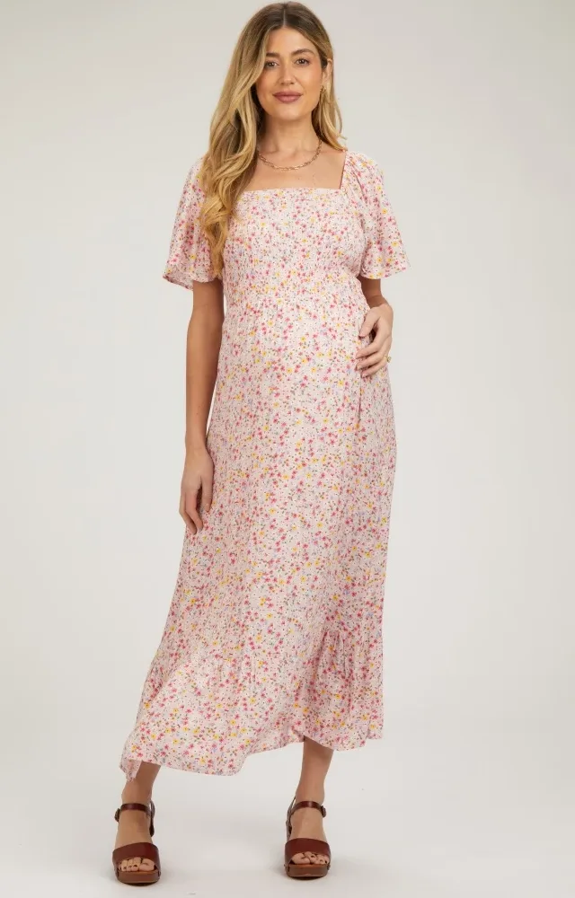 Light Pink Floral Smocked Maternity Maxi Dress