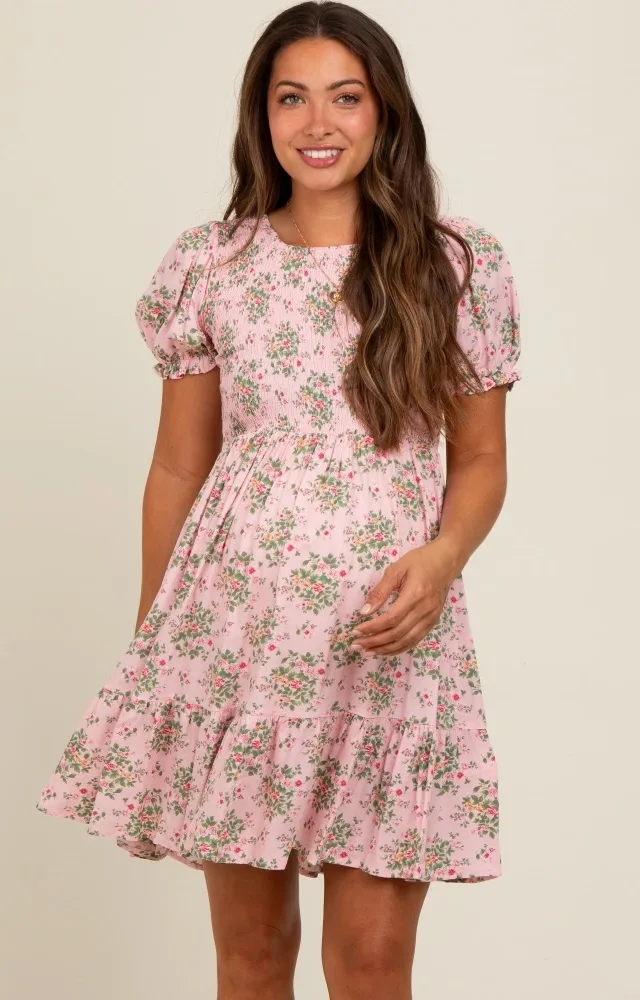 Light Pink Floral Smocked Puff Sleeve Maternity Dress