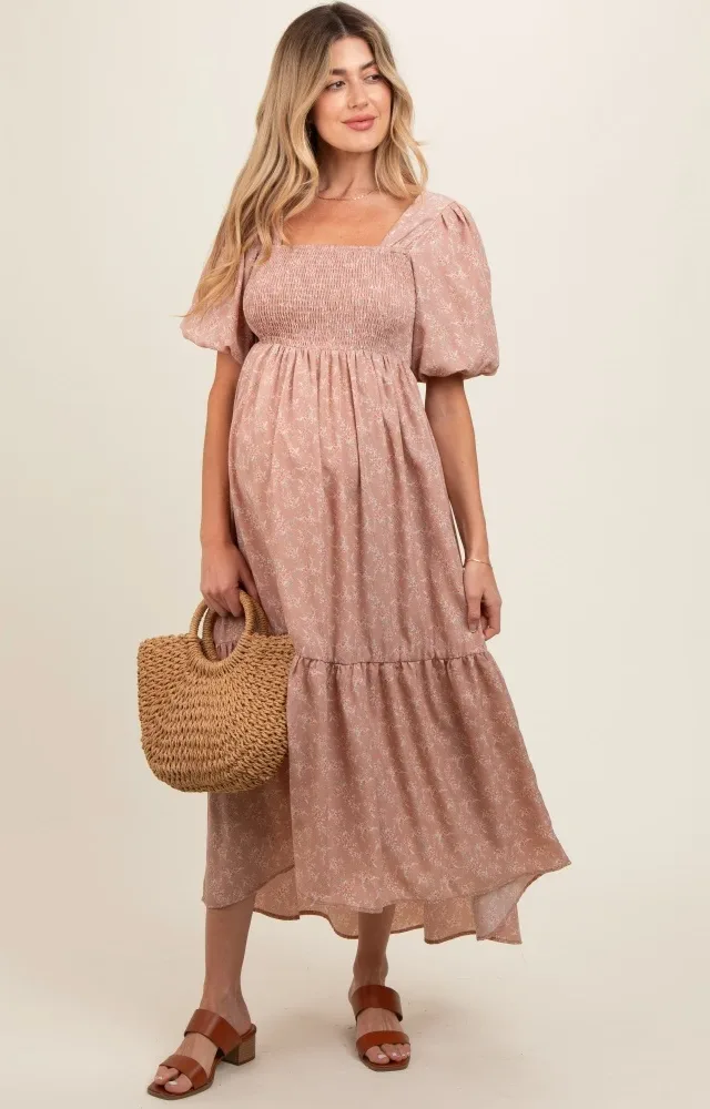 Light Pink Floral Smocked Square Neck Short Puff Sleeve Maternity Midi Dress