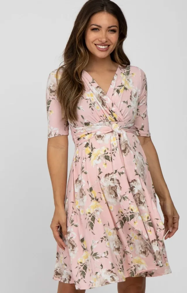 Light Pink Floral Waist Tie Maternity Dress