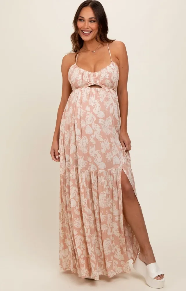 Light Pink Foral Front Cutout Open Cross Back Maternity Maxi Dress