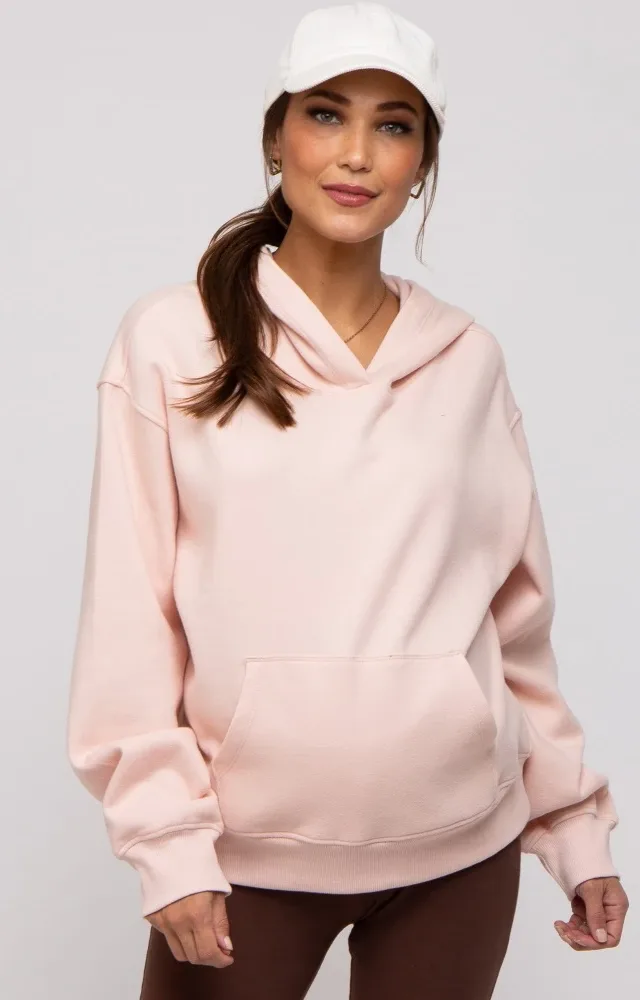 Light Pink Front Pocket Hooded Fleece Maternity Sweatshirt