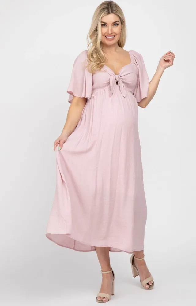 Light Pink Front Tie Ruffle Sleeve Maternity Midi Dress