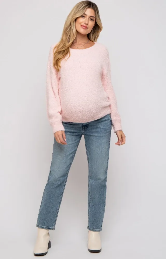 Light Pink Fuzzy Soft Knit Maternity Sweater