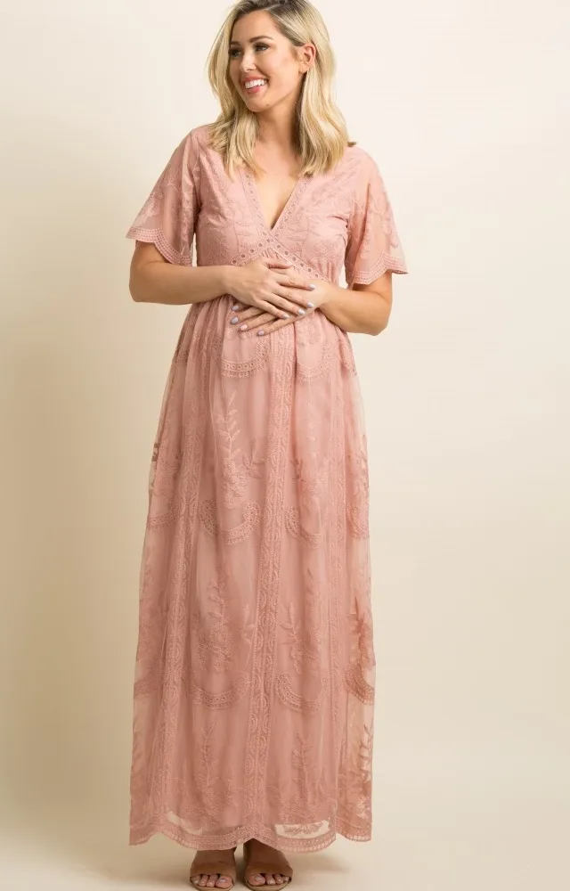 Light Pink Lace Overlay Maternity Maxi Dress