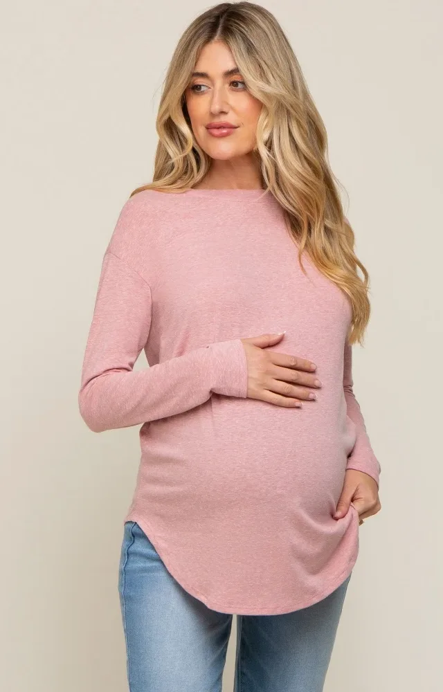 Light Pink Long Sleeve Curved Hem Maternity Top