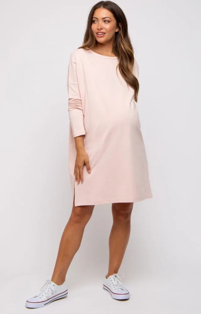 Light Pink Long Sleeve Maternity Shirt Dress