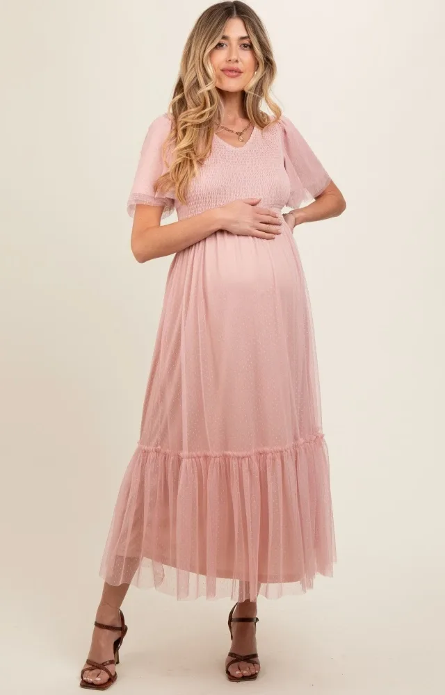 Light Pink Mesh Smocked Maternity Midi Dress