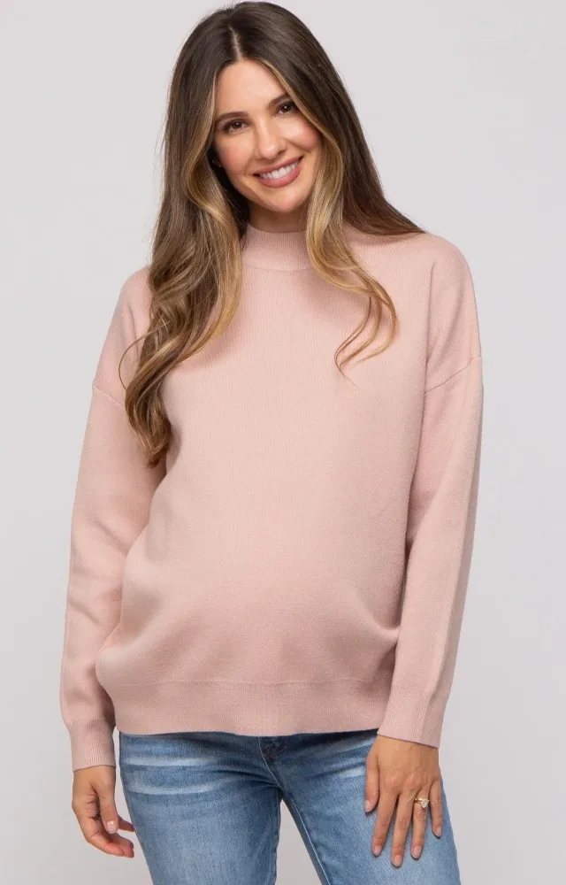 Light Pink Mock Neck Maternity Sweater