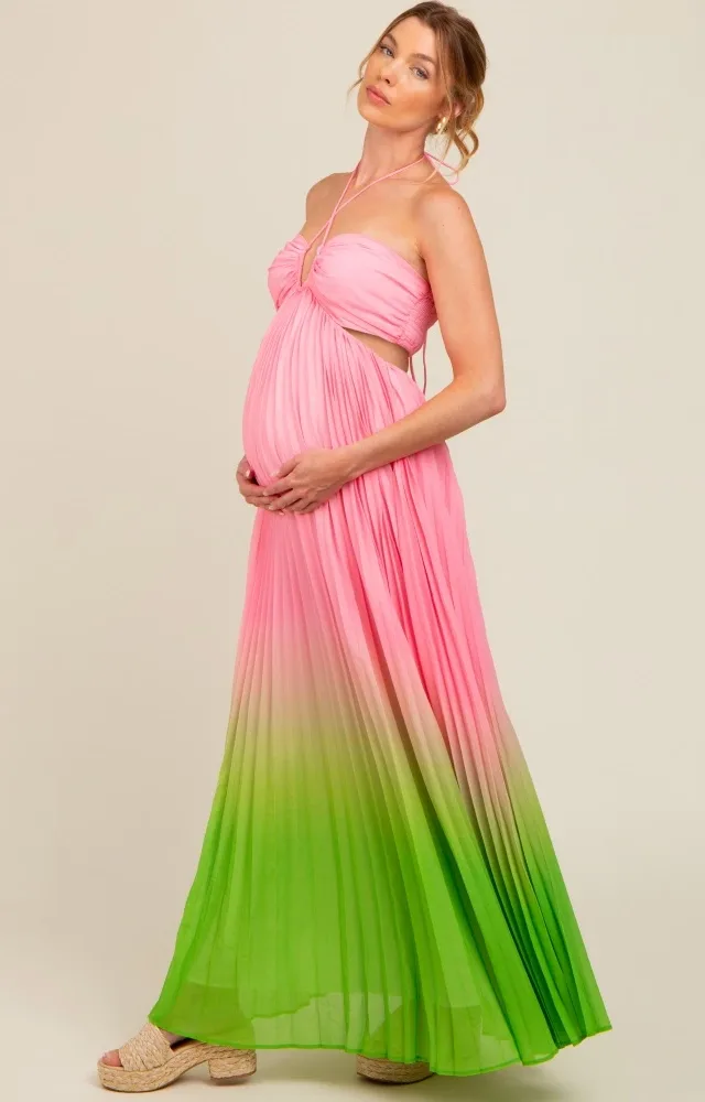 Light Pink Ombre Pleated Halter Cutout Maternity Maxi Dress