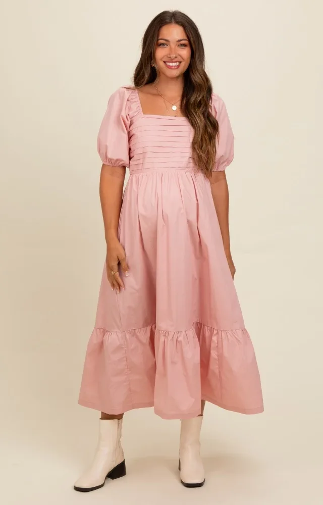 Light Pink Pleated Bodice Puff Sleeve Maternity Midi Dress