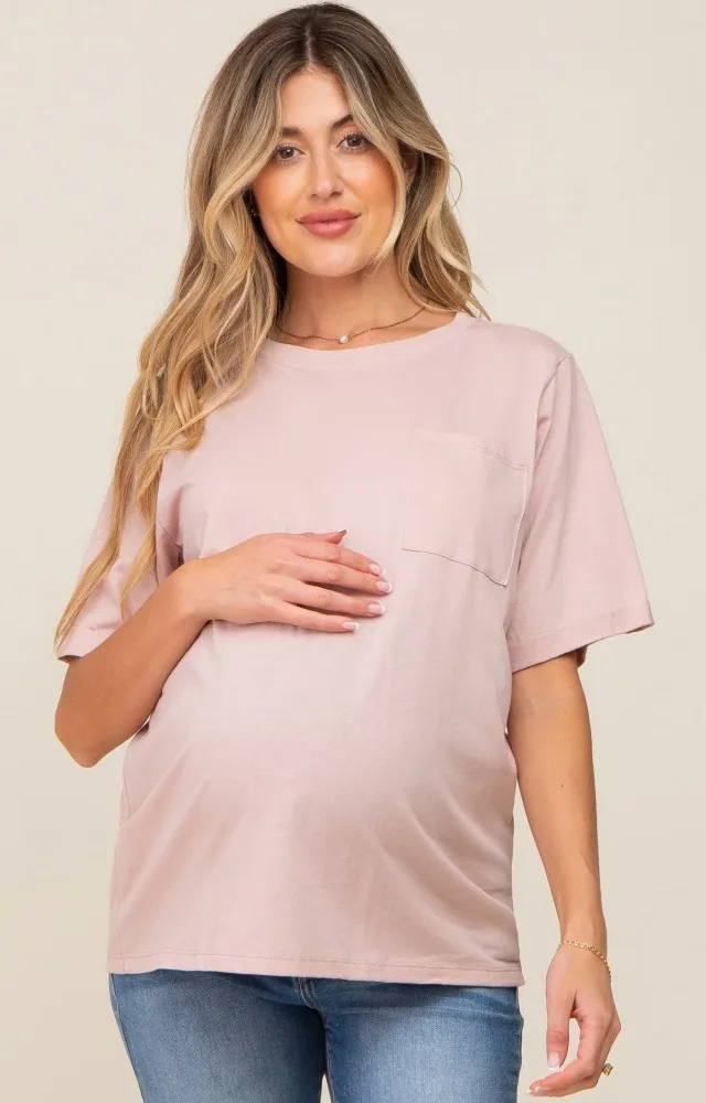 Light Pink Pocket Front Short Sleeve Maternity Top