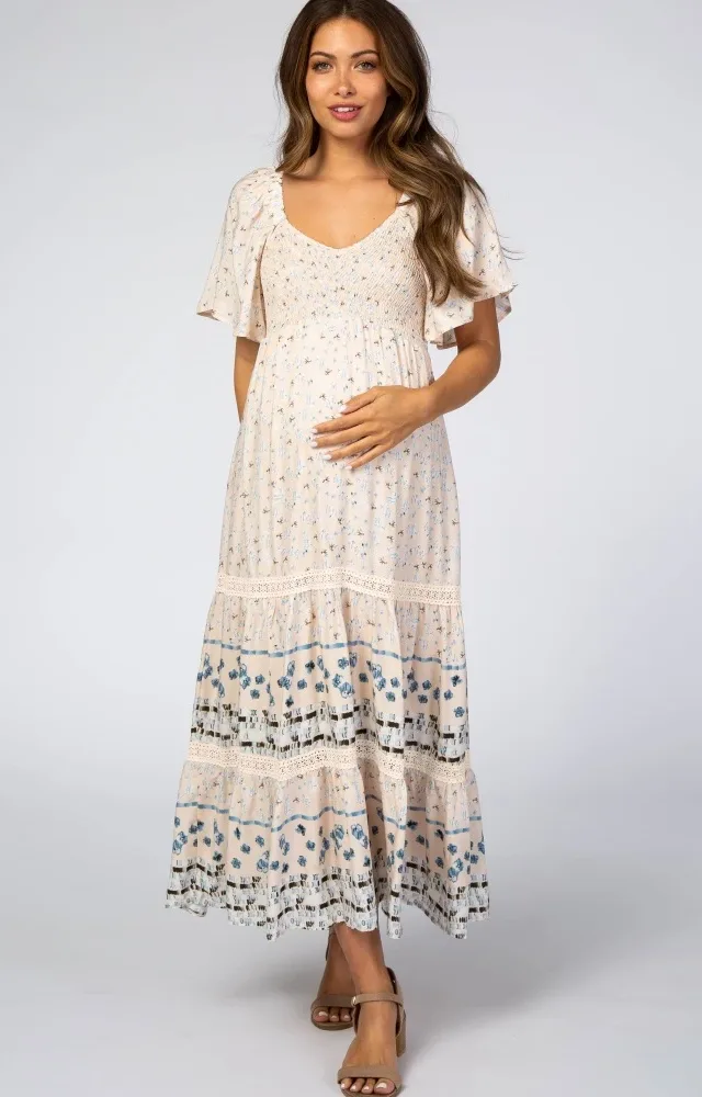 Light Pink Printed Smocked Maternity Dress