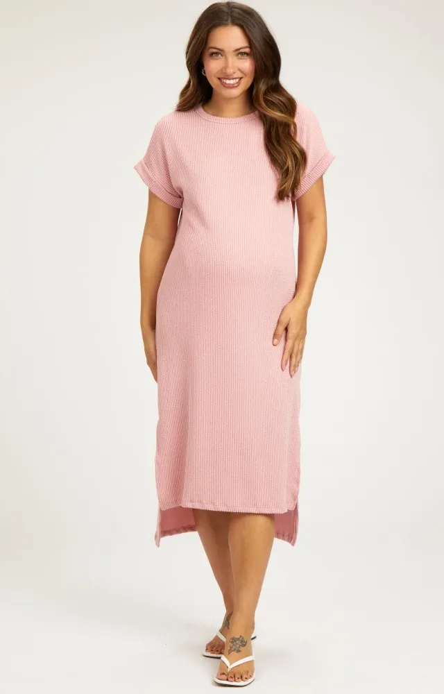 Light Pink Ribbed Short Sleeve Maternity Midi Dress