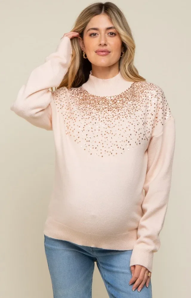 Light Pink Sequin Knit Mock Neck Maternity Sweater