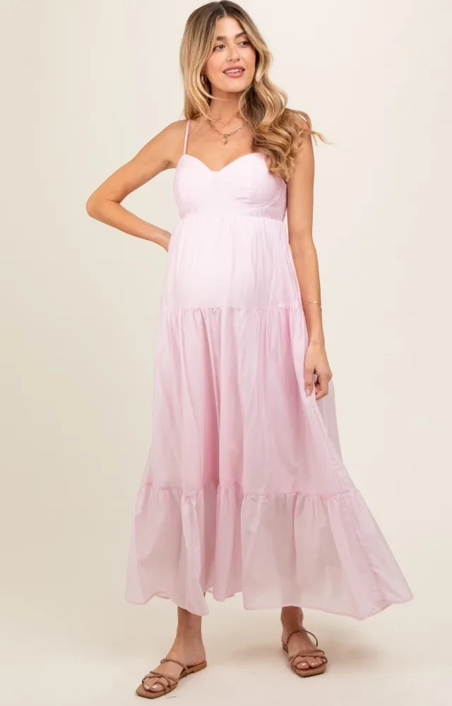 Light Pink Sleeveless Tiered Maternity Maxi Dress