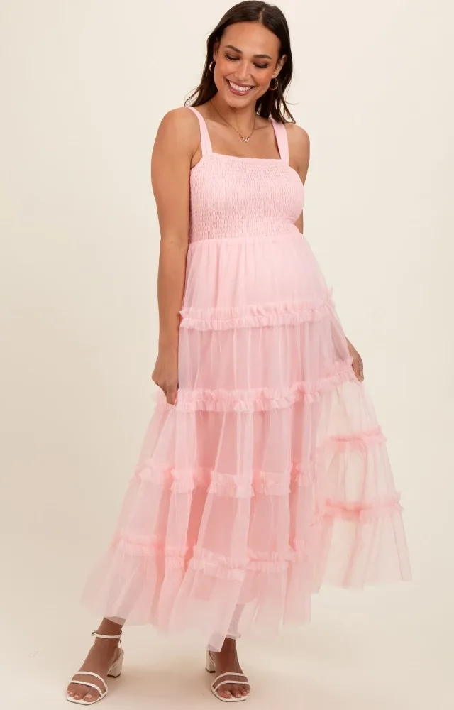 Light Pink Smocked Ruffle Tiered Tulle Maternity Midi Dress