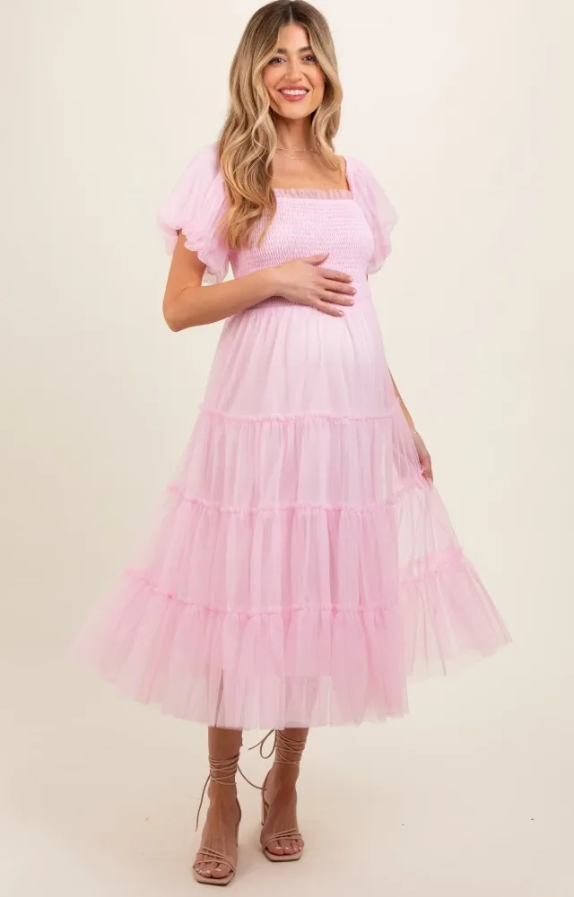 Light Pink Smocked Tiered Tulle Maternity Midi Dress