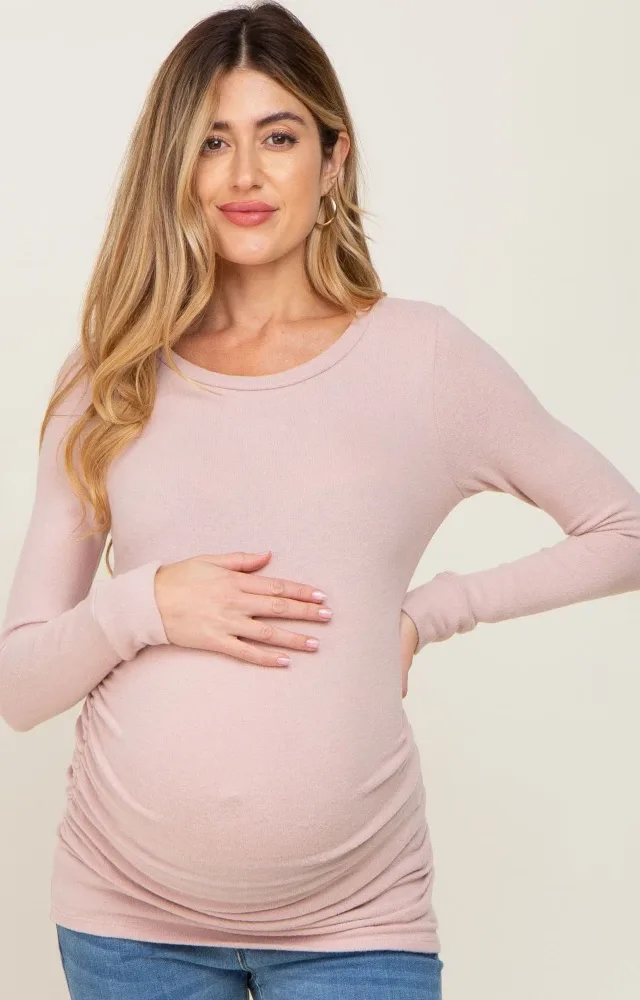 Light Pink Soft Knit Ruched Maternity Top