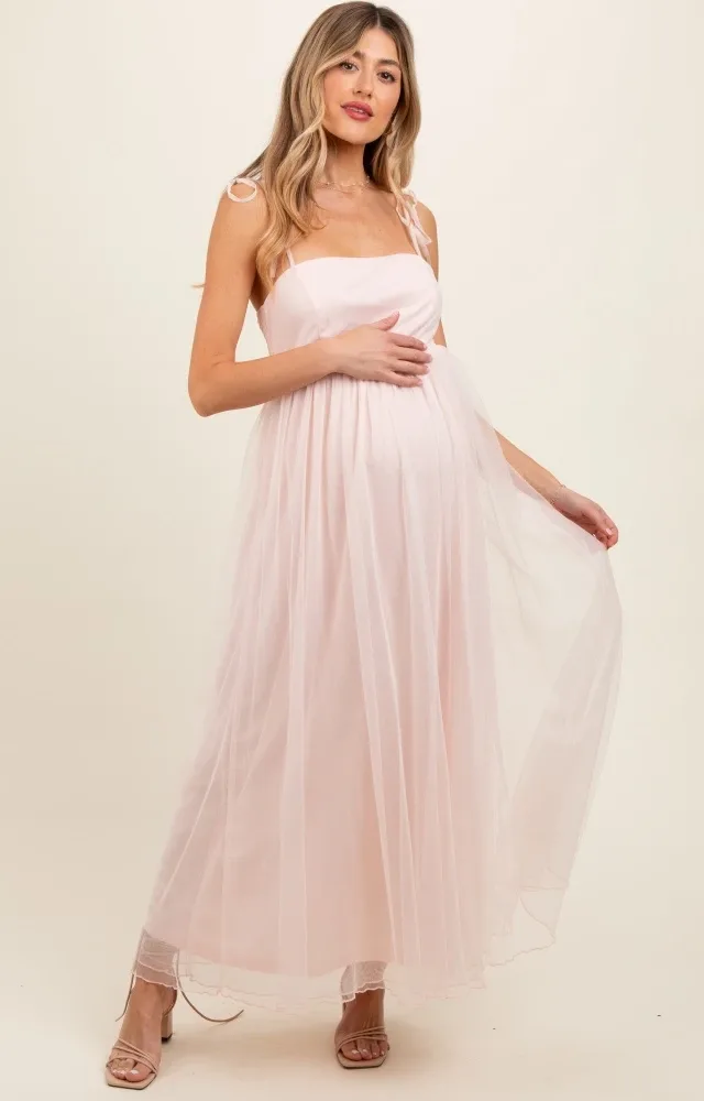 Light Pink Square Neck Shoulder Tie Tulle Maternity Maxi Dress