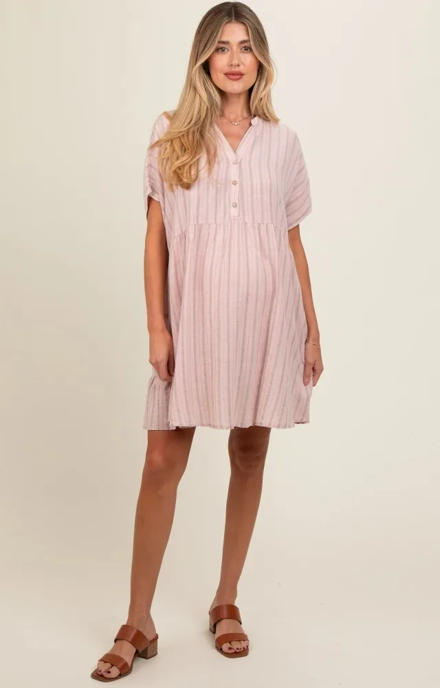 Light Pink Striped Button Front Maternity Dress