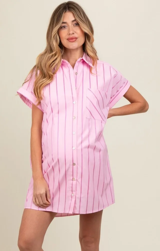 Light Pink Striped Maternity Shirt Mini Dress