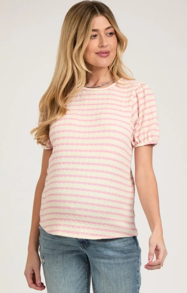 Light Pink Striped Textured Puff Sleeve Maternity Top