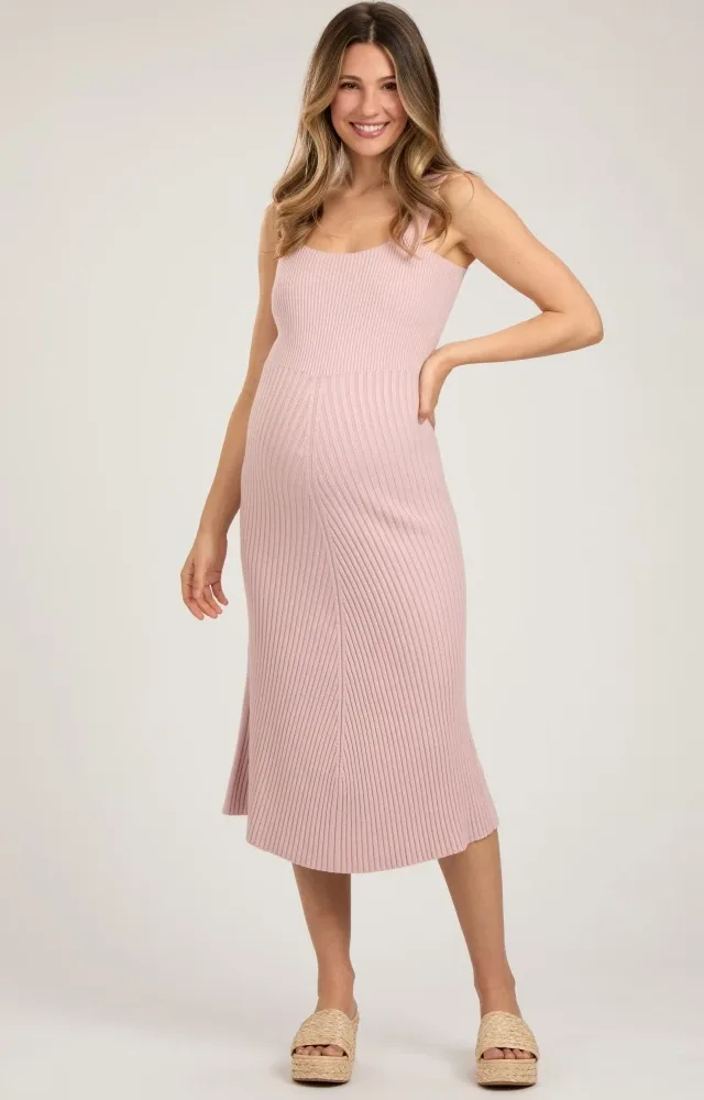 Light Pink Sweater Knit A-Line Maternity Midi Dress