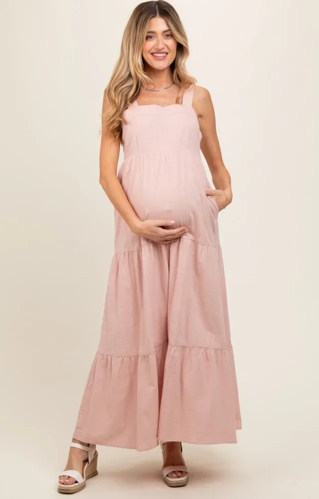 Light Pink Tiered Maternity Maxi Dress