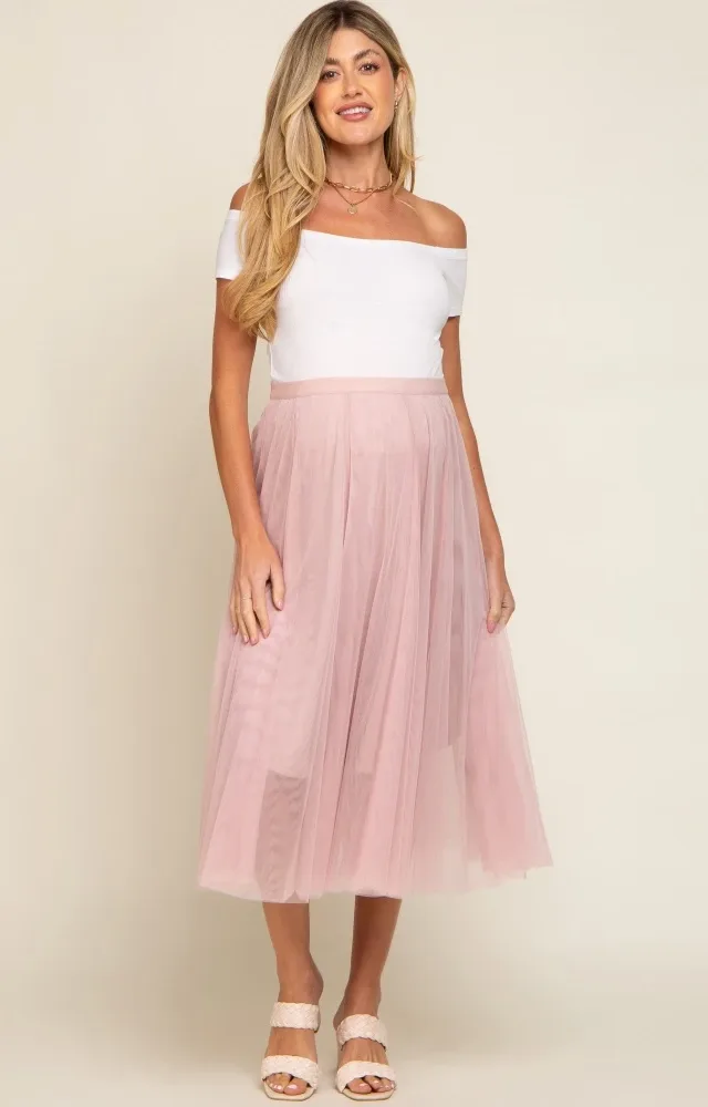 Light Pink Tulle Maternity Midi Skirt