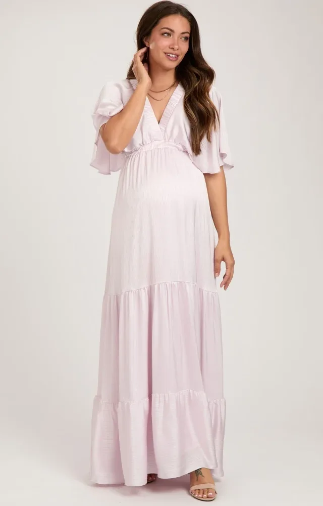 Light Pink V-Neck Flutter Sleeve Tiered Maternity Maxi Dress