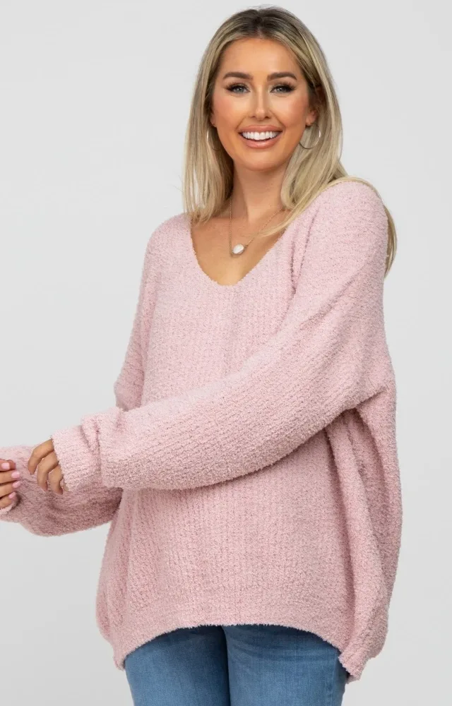 Light Pink V-Neck Soft Maternity Sweater