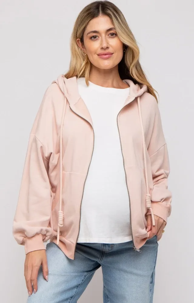 Light Pink Zipper Hooded Maternity Jacket