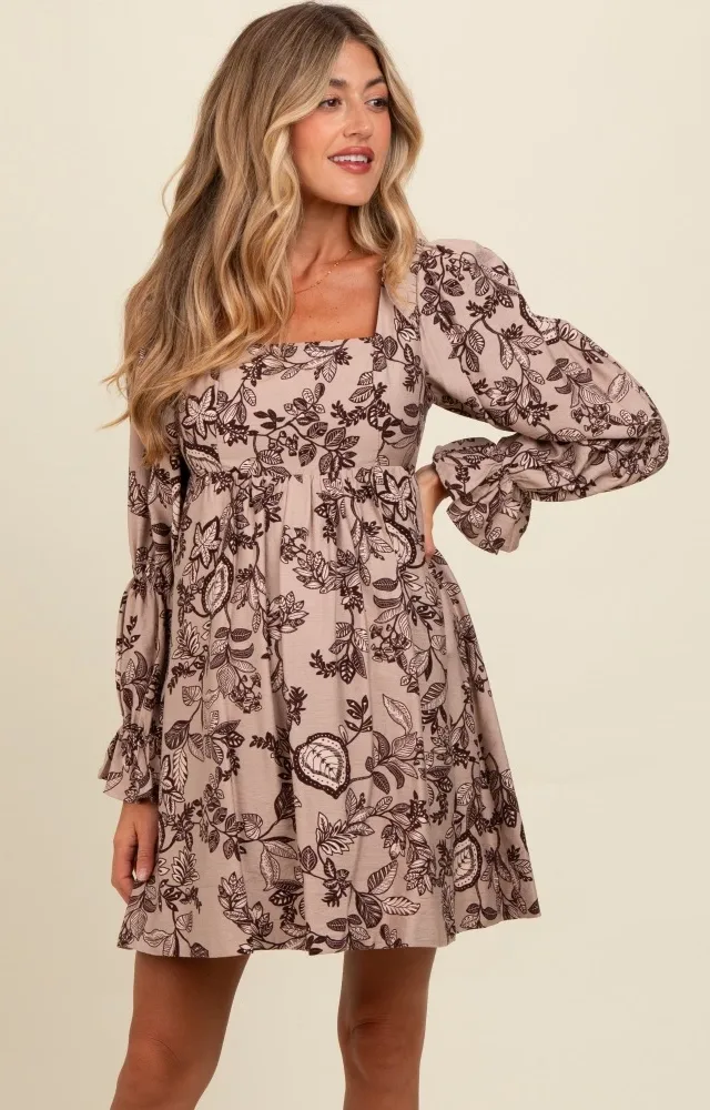 Light Taupe 3/4 Ruffle Sleeve Floral Maternity Mini Dress