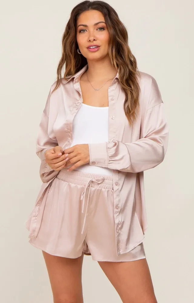 Light Taupe Button Up And Short Satin Maternity Set