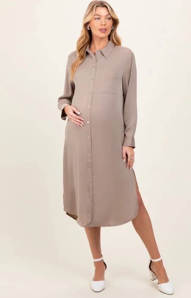 Light Taupe Long Sleeve Maternity Midi Shirt Dress