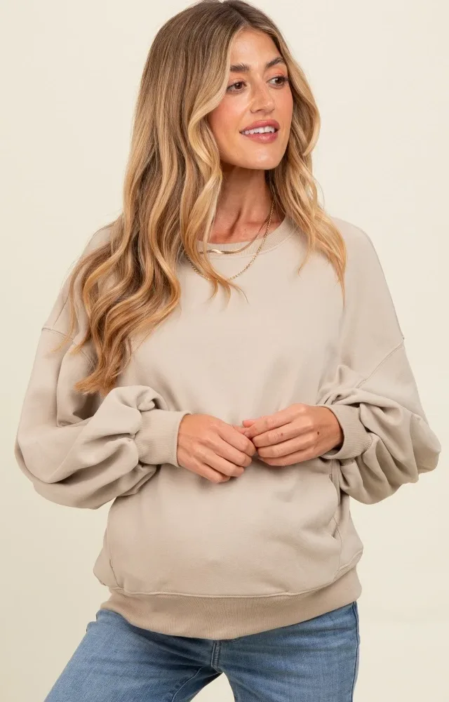 Light Taupe Oversized Balloon Sleeve Maternity Sweatshirt