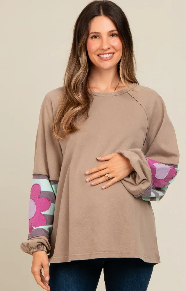 Light Taupe Raw Edge Flower Patch Maternity Top