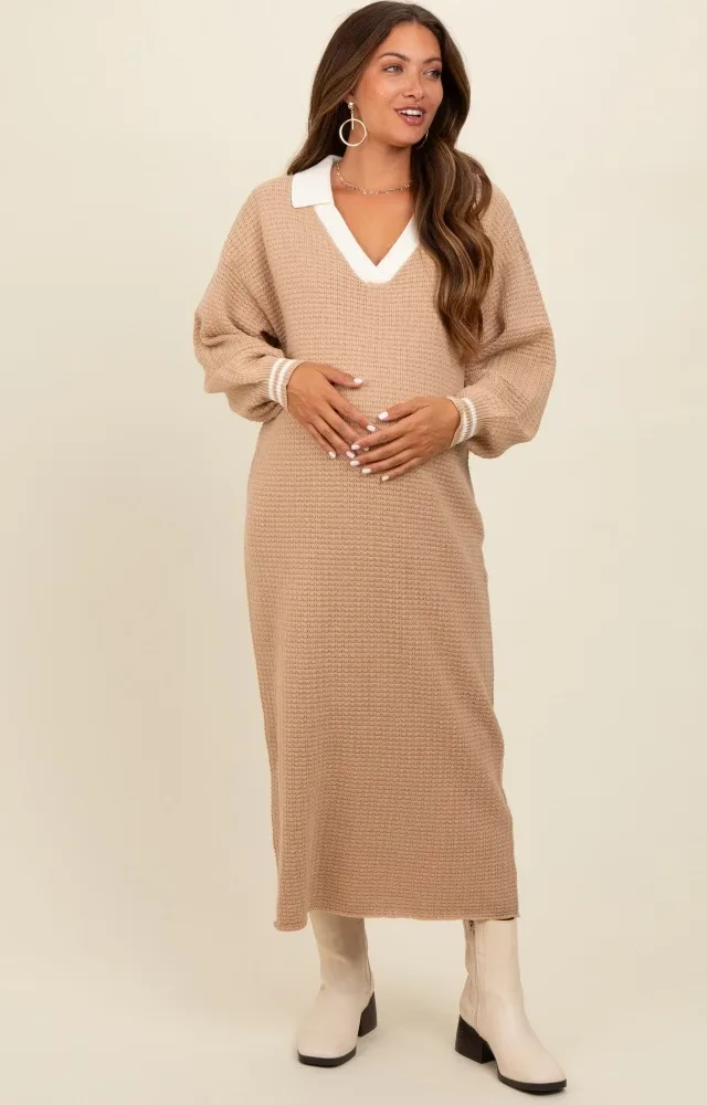 Light Taupe Waffle Knit Polo Sweater Dress