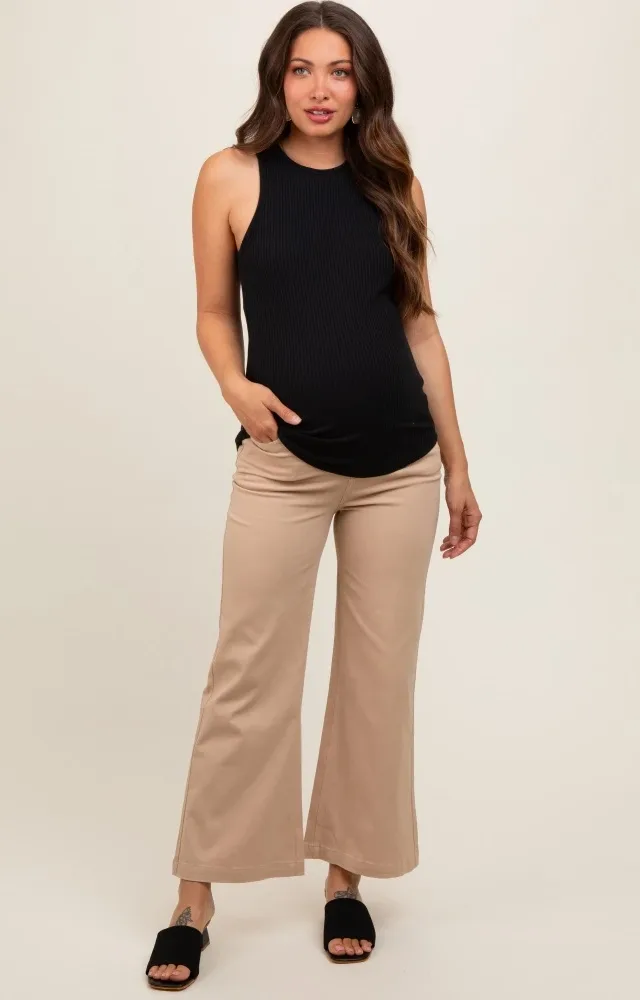 Light Taupe Wide Leg Cropped Maternity Pants