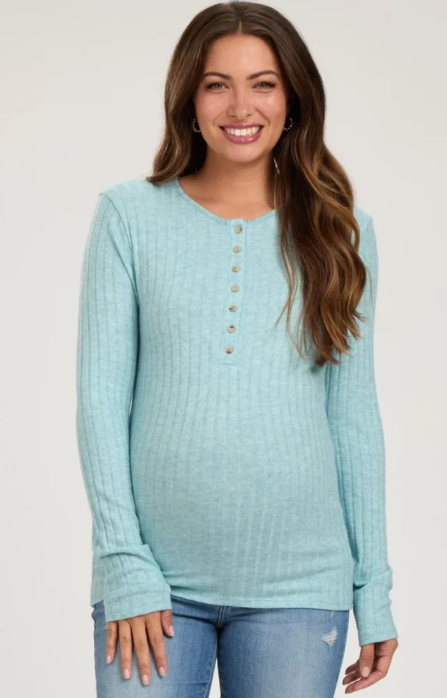 Light Teal Ribbed Knit Button Long Sleeve Maternity Top