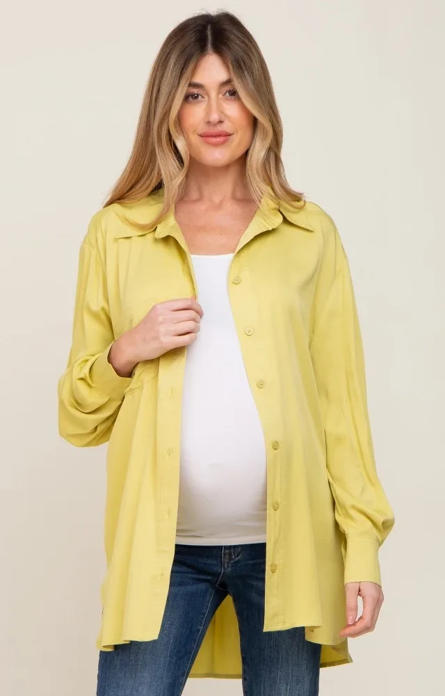 Lime Button Down High-Low Hem Maternity Blouse