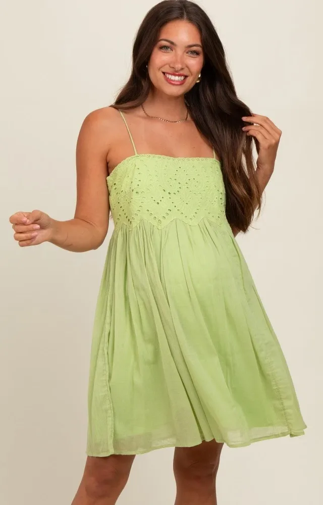 Lime Eyelet Lace Babydoll Maternity Mini Dress