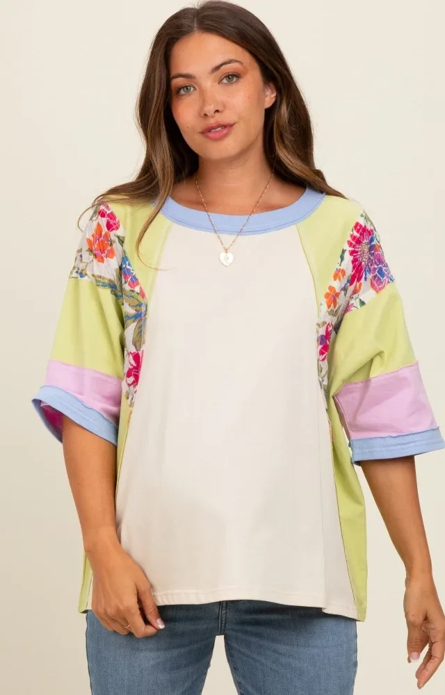 Lime Floral Colorblock Raw Hem Maternity Oversized Top