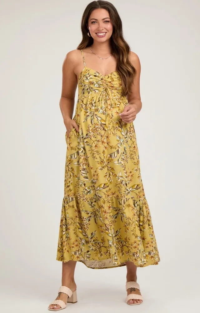 Lime Floral Sleeveless Front Cinched Maternity Dress