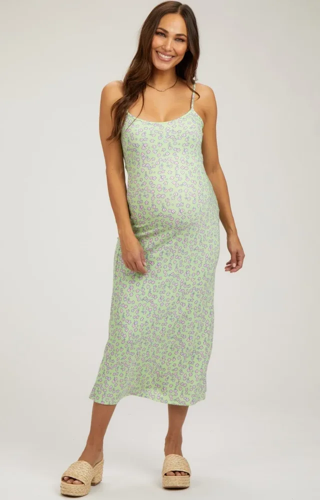 Lime Floral Sleeveless Maternity Midi Dress