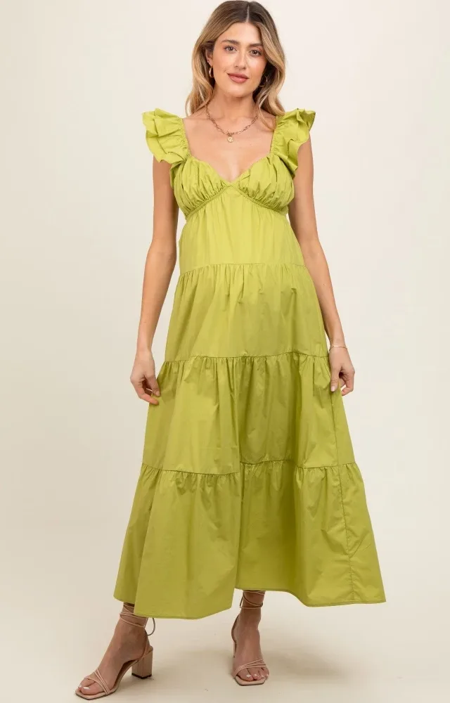 Lime Flutter Sleeve Tiered Maternity Maxi Dress